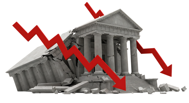 Classical Building Collapse with Crumbling Greek Columns and Red Arrow Graph Symbolizing Financial Crisis on Transparent Background
