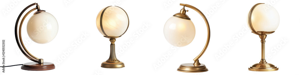 Poster various globe-style lamps displayed on a white background showcasing different designs and bases