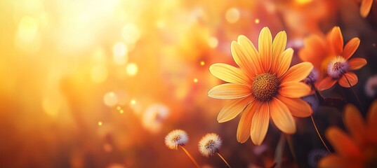 Fototapeta premium Golden Hour Meadow, Sunlit Daisies, Dandelions, Vibrant Colors, Wide Angle Lens, Nature Photography