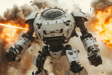 White War Machine Amidst Explosions