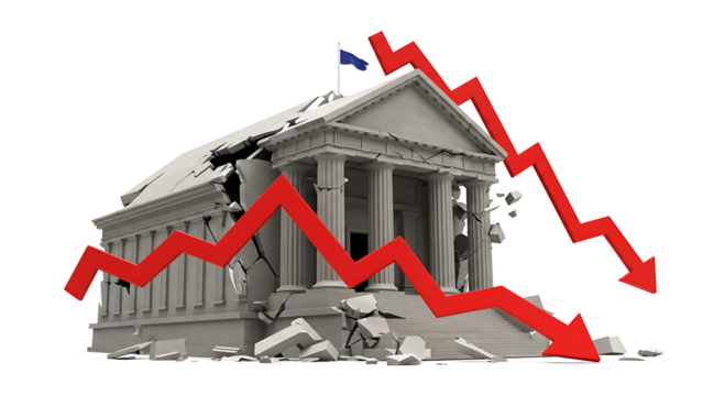 Greek-Style Columns Crumbling with Red Arrow Decline Representing Stock Market Crash on Transparent Background
