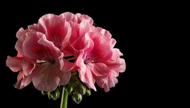 close up of Geranium flower, black background, copy spac