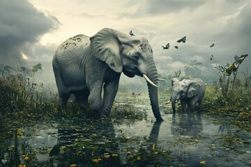 Fototapeta premium Elephants in tranquil water with birds in the background