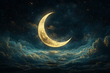  Luminous Crescent Moon Above Billowing Clouds