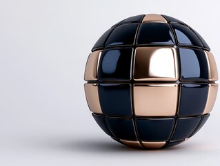 A black and gold sphere with a white background