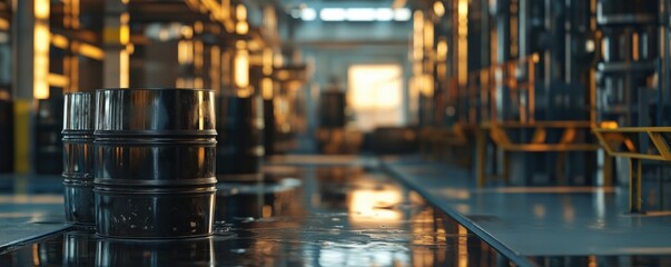 Industrial warehouse interior with stacked barrels and reflective floor, warm lighting creating a serene atmosphere, copy space for text