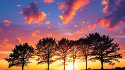Silhouetted trees against a vibrant sunset sky with colorful clouds