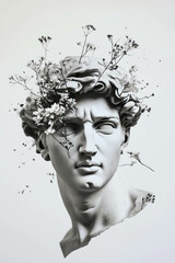 Minimally arranged collage featuring a statue's face transformed with geometric shapes and flowers