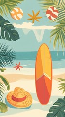 Tropical Beach Scene With Surfboard And Summer Accessories