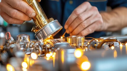 Fototapeta premium Mechanics repair engine restoration concept. Mechanic polishing engine components, chrome and brass reflections, warm industrial lighting