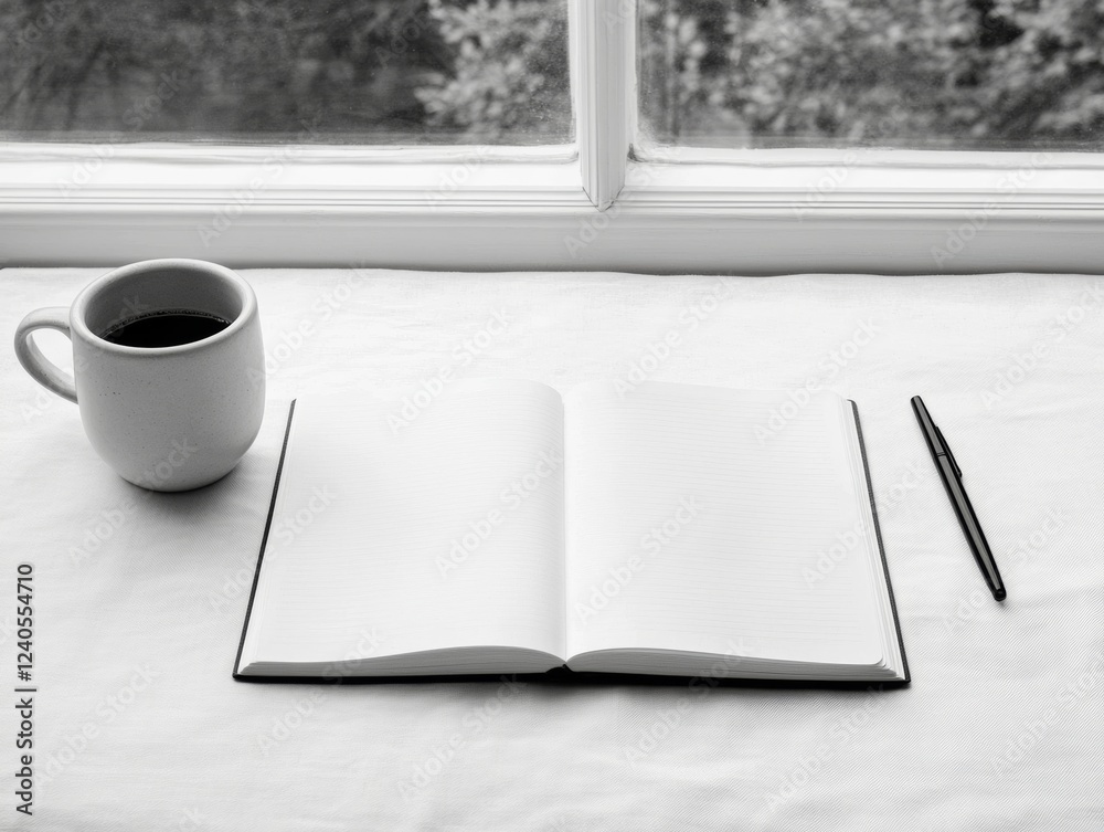 Poster minimalist workspace design elegant white desk with ceramic mug and notebook - enhancing mental well