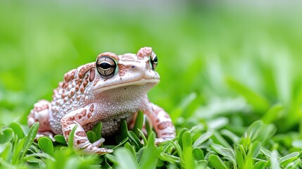 Obraz premium Pink frog in green grass, garden background, nature wildlife