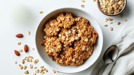 A healthy bowl of oat cookies with scattered oats and nuts