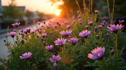 Pink roses climb along a house wall at sunset, creating a picturesque scene with warm light and a stone pathway