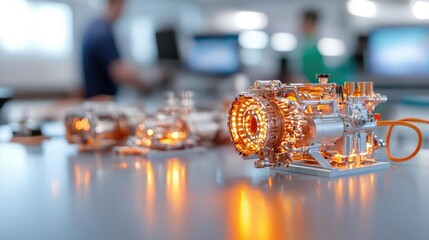 Mechanics repair engine restoration concept. Electric engine restoration, exposed motor components, modern clean workspace