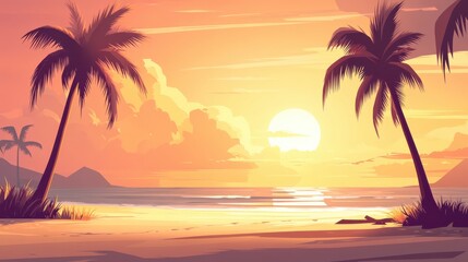 Serene Sunset Over Tropical Beach with Silhouetted Palm Trees