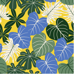 Fototapeta premium Abstract seamless tropical pattern with bright plants and leaves on a yellow background. Seamless exotic pattern with tropical plants. Vector design. Jungle print. Floral background. 
