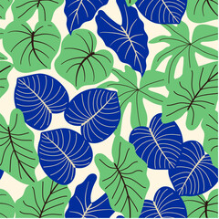 Fototapeta premium Abstract seamless tropical pattern with bright plants and leaves on a beige background. Botanical leaf seamless vector floral pattern background. Seamless botanical pattern with plants.