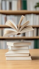 Fototapeta premium Slow Fashion Inspiration Floating Book and Wooden Stack in Ambient Library Setting - Educational Content for Sustainable Style Development and Eco-Friendly Merchandising