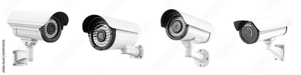 Poster security cameras mounted on walls for surveillance in diverse locations at various angles during day