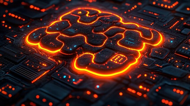 Glowing brain circuit board, tech background