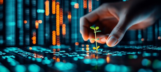 Hand Holding Delicate Sprout Over Glowing Data Stream, Symbolizing Growth and Technology.