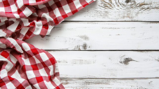 Red Gingham Tablecloth on Rustic Wood: A rustic white wooden surface is partially covered by a red and white gingham tablecloth.