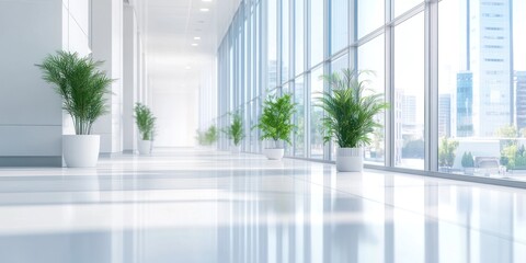 Fototapeta premium Modern Office Corridor with City View: A Bright and Serene Workspace