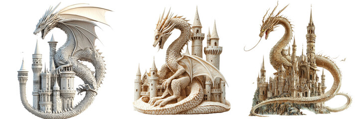 Obraz premium Impressive white dragons entwined around intricate castles during a fantasy art creation