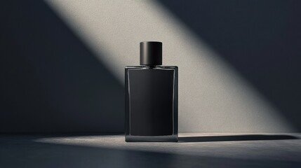 Fragrance in the Spotlight: A sleek black perfume bottle takes center stage, bathed in a dramatic spotlight against a moody background.  The minimalist composition exudes sophistication and elegance.