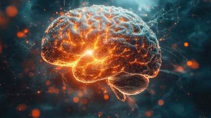 Fototapeta premium Glowing brain, neural network, dark space, energy, concept art