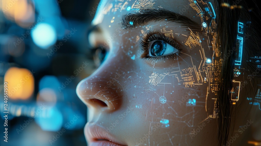Poster close-up of a young person captivated by digital elements, glowing interfaces illuminating her featu