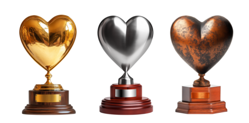 Gold silver and bronze award heart trophy isolated on transparent background. Generative AI
