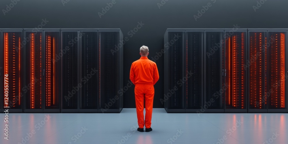 Poster Cutting-Edge Industrial Minimalist Data Center Silhouetted Figure with Orange Jumpsuit Amidst Illuminated Server Racks - Advancing Corporate Tech Networks for High-Performance Computing