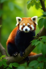 Obraz premium Red panda perched on a branch, lush green foliage, habitat, shadow
