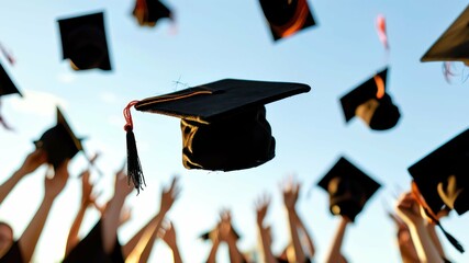 Graduates celebrating with caps thrown in the air against a clear sky