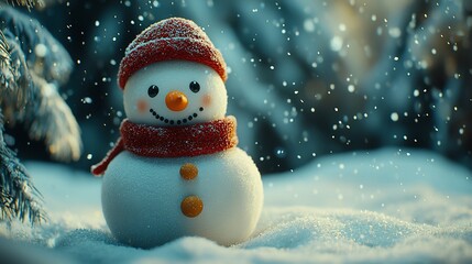 Cheerful snowman in snowy forest, winter wonderland scene, holiday card