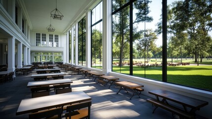 Fototapeta premium Large windows reveal a vibrant autumn landscape with golden trees and picnic tables, offering a peaceful outdoor view.