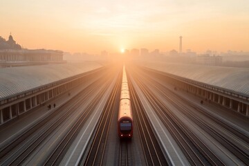 Obraz premium Golden Hour Urban Train Station Silhouette Architectural Symmetry and Sustainable Commuting Solutions - Enhancing Urban Mobility for Modern Transit and Smart City Planning