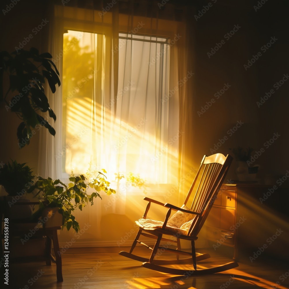 Wall mural Sunlit Rocking Chair in Cozy Room with Warm Golden Light and Indoor Plants, copy space for text