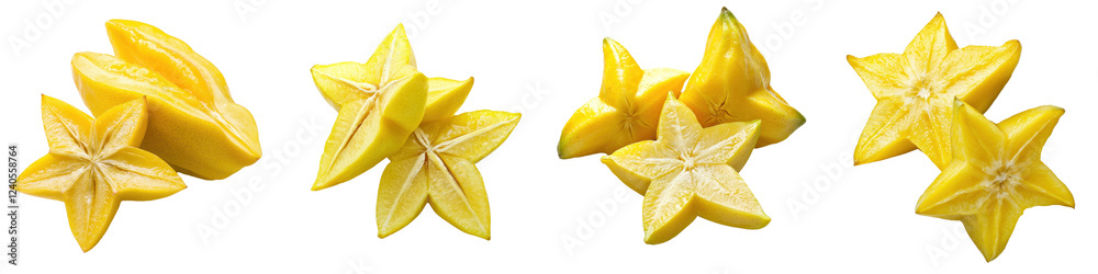 Poster star-shaped carambola pieces displayed on a clean white surface showcasing their vibrant yellow colo