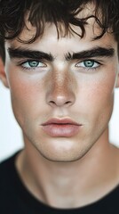 Fototapeta premium 37. A close-up image of a face with a strong brow ridge and sharp cheekbones, symmetrical features, white background