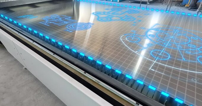 Metal plasma cutting machine close-up. CNC plasma cutting machine at the factory. Cutting metal with a plasma CNC machine.