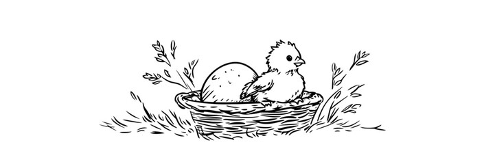 chick sitting in a basket with eggs and flowers, rustic vector sketch
