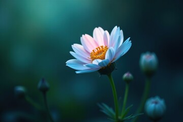 A halo of soft blue-green light envelops a delicate flower as it blooms in the darkness, floral, natural