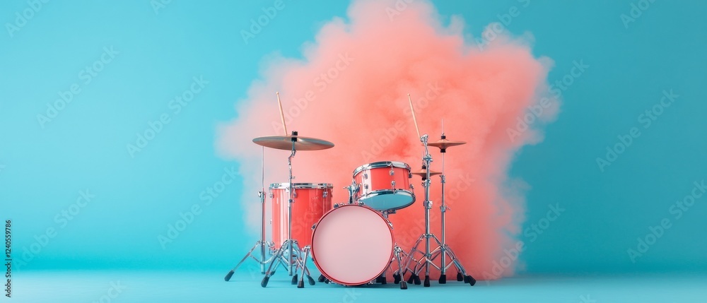 Poster vibrant drum kit display neon smoke and metallic percussion on stage - dynamic music and event marke