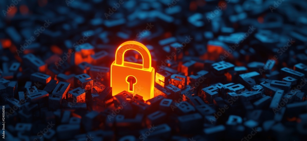 Poster digital security lock glowing amidst scattered metallic letters representing data encryption and cyb