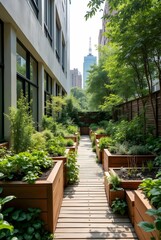 A charming urban courtyard garden with wooden planters overflowing with greenery and colorful flowers, creating a peaceful retreat