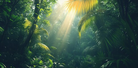 Fototapeta premium Sunbeams Illuminate Lush Tropical Rainforest Canopy