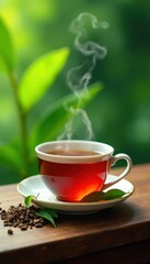 Steaming teacup, loose leaf, wooden table, tea plantation backdrop, black tea, tea time